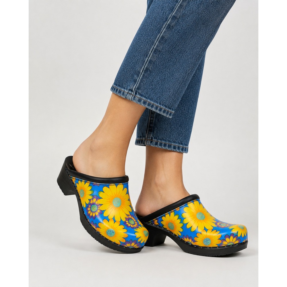 C&C Sweden Womens Clogs Size 40 Blue Yellow Floral Wood Heel Slip On New